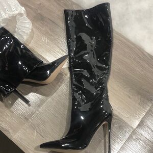 Black Patent Leather Knee-High Stiletto Boots
